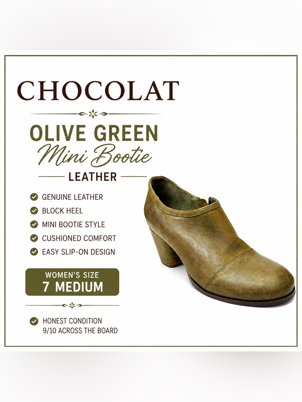 Chocolat Olive Green Leather Mini Bootie Boots Women’s Size 7M Block Heel